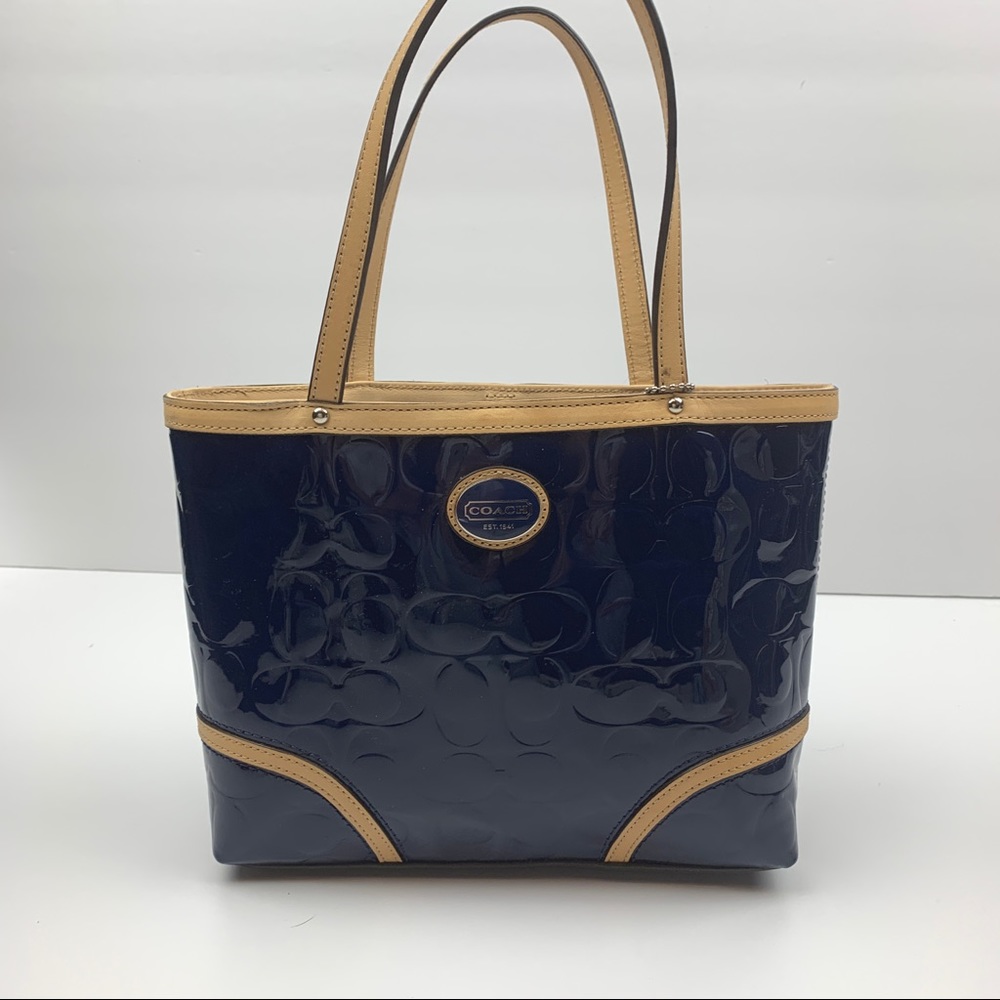 Coach Navy patent mini tote with leather trim